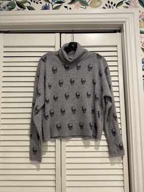 Skull Cashmere Gray Turtleneck Skull-Pattern Sweater